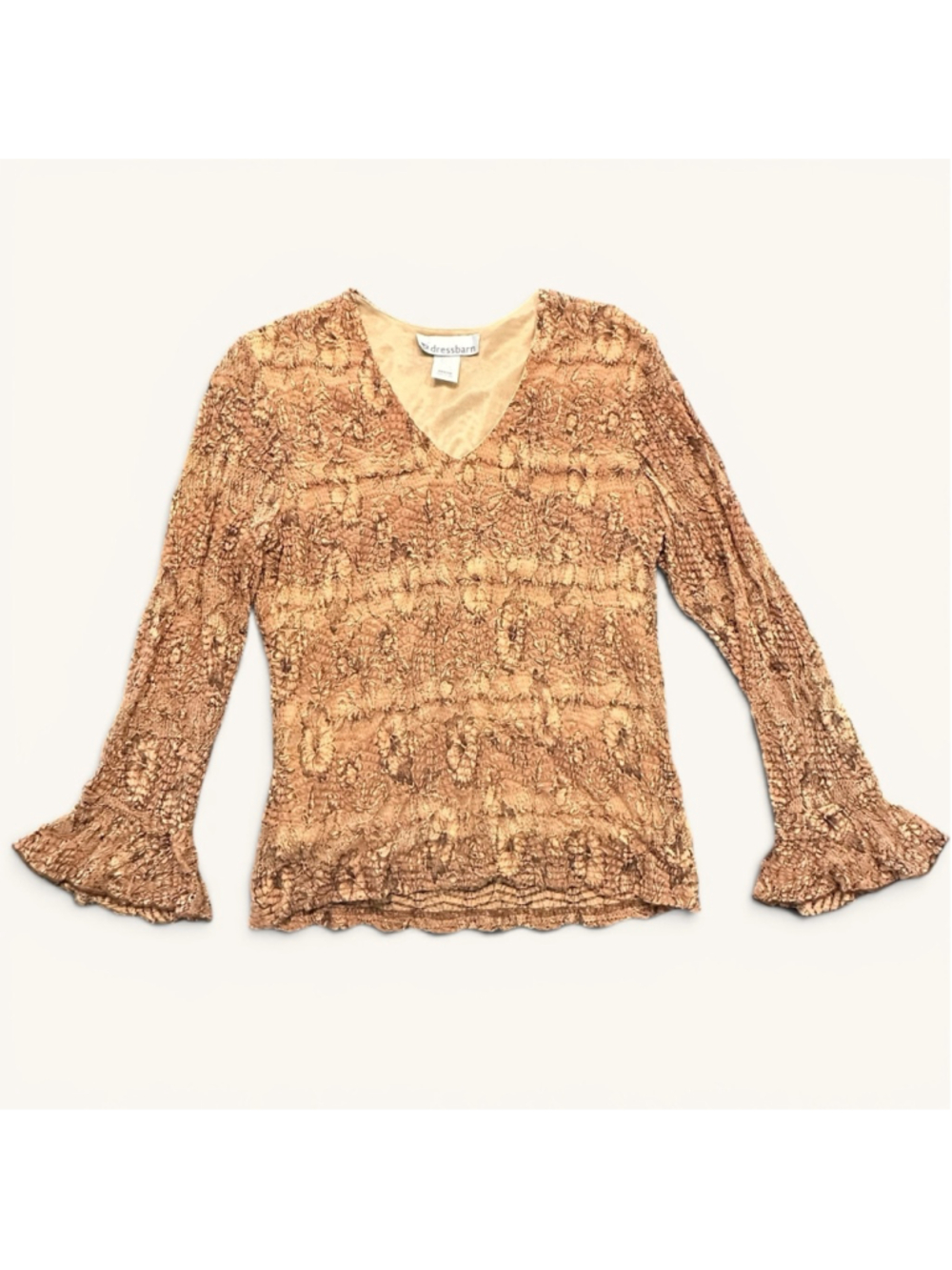Y2K Crinkle Mesh Bell Sleeve Top Fairy Grunge Boho Brown Stretch Blouse